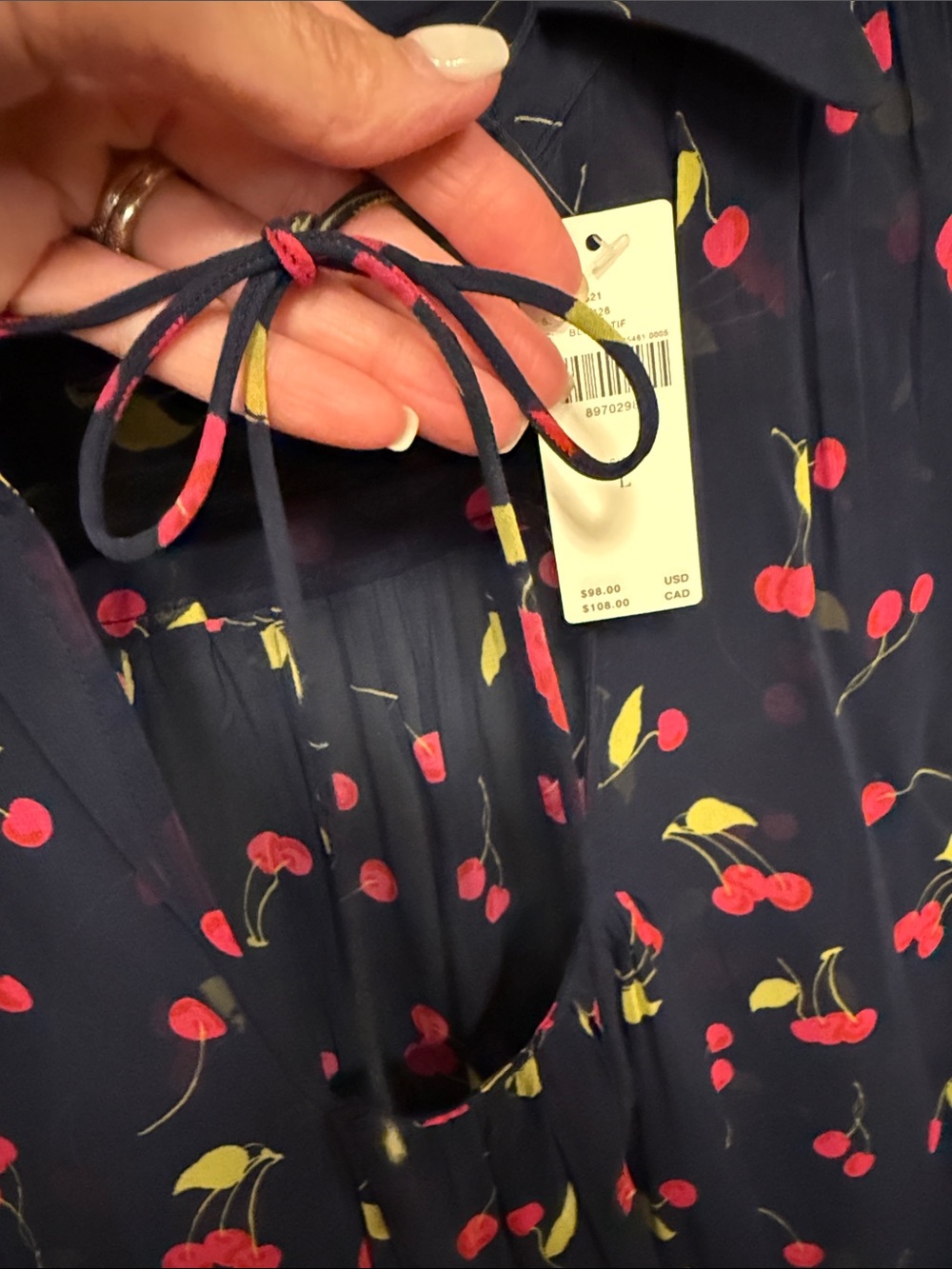 Anthropologie Navy Cherry-Print Tie-Neck Blouse - Picture 5 of 9